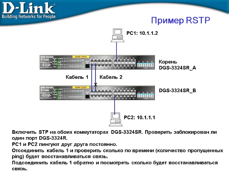 PC2: 10.1.1.1 PC1: 10.1.1.2 Корень  DGS-3324SR_A X Включить STP на обоих коммутаторах DGS-3324SR.